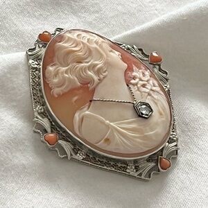 authentic vintage art deco 14k white gold & diamond cameo brooch